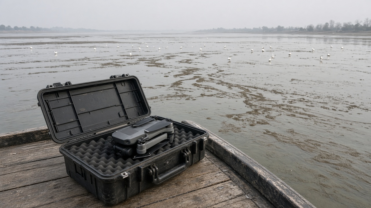 Mudflat lagoon at low tide with wading birds in distance and drone case open on weathered wooden boat deck, hazy morning light and silt streaks in shallow water, no logos or readable text