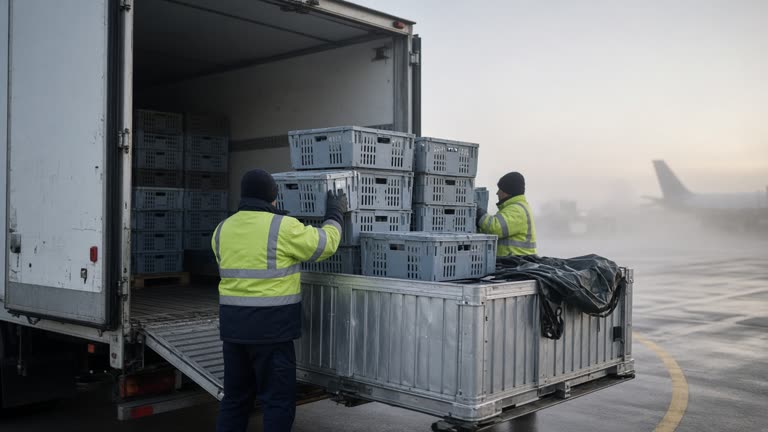 Ground crew loading ventilated fruit crates onto an airport cargo pallet beside a refrigerated truck at dawn, tarmac mist and aluminumULD edges, no logos or readable text