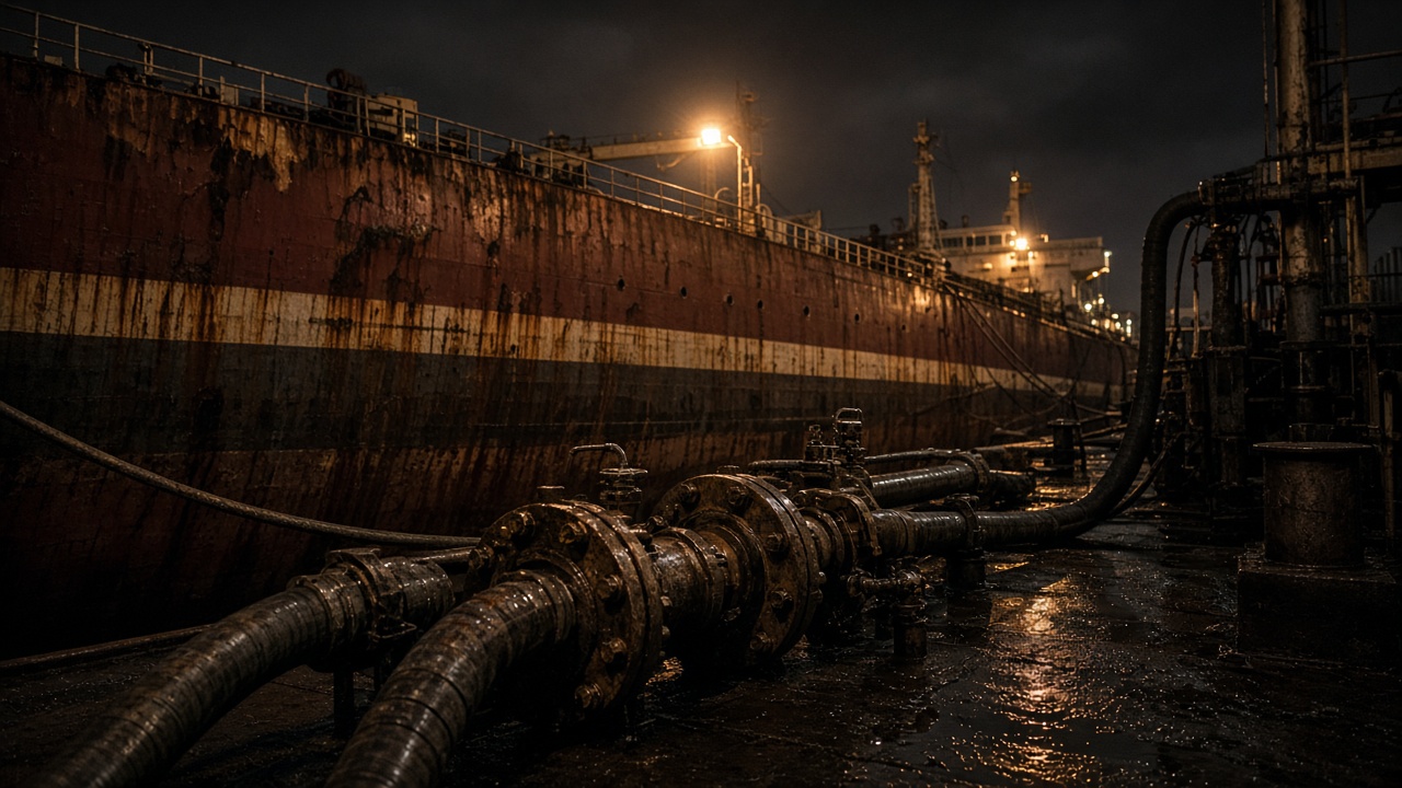 Rust-streaked crude tanker hull and deck piping under sodium dock lights at a bulk oil terminal at night, wet steel and hose flanges in the foreground, no logos or readable text