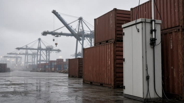 5G antenna cabinet beside stacked shipping containers at a southern Taiwan port yard with a cargo crane in soft morning haze, rusted steel and wet asphalt, no logos or readable text