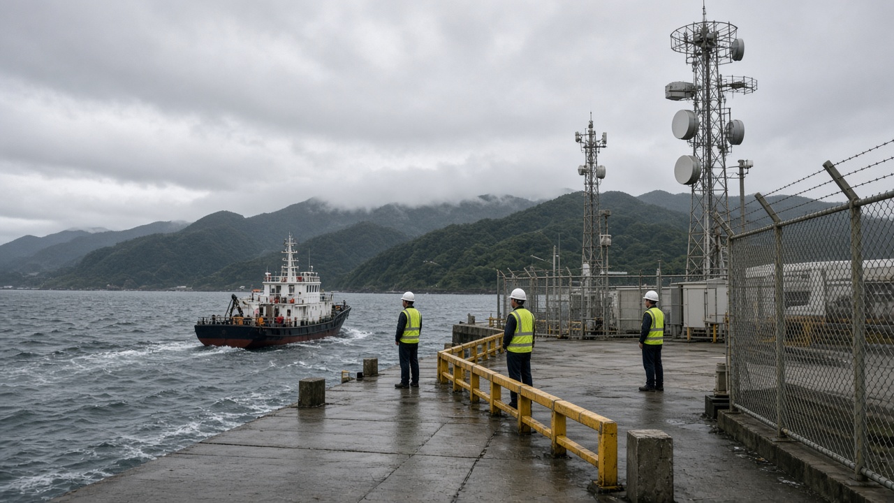 Coastal cable landing compound with fenced microwave towers and a small service vessel moored in gray morning chop off northeast Taiwan hills, technicians in high-vis vests on the pier, overcast light, no logos or readable text.