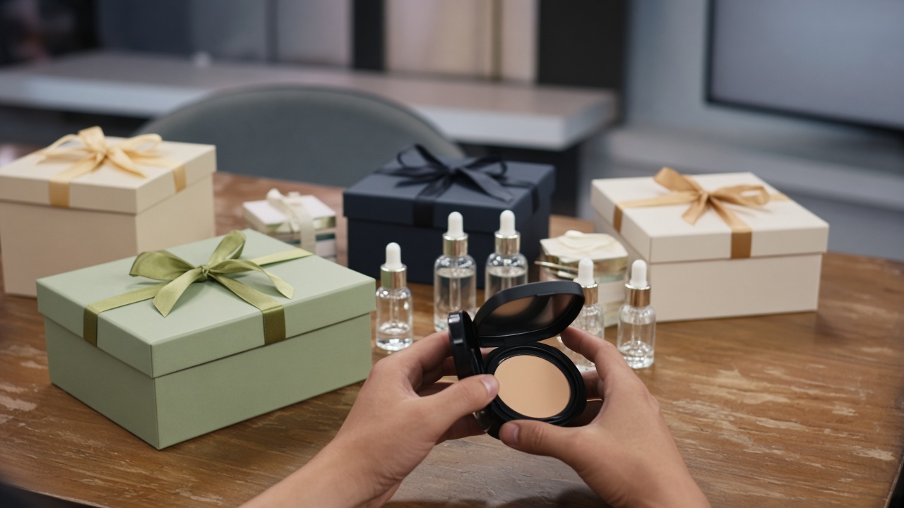 Television studio set with cosmetic gift boxes on a wooden table, ring light glare on glass serum bottles, host hands out of frame adjusting a cushion compact, no logos or readable text