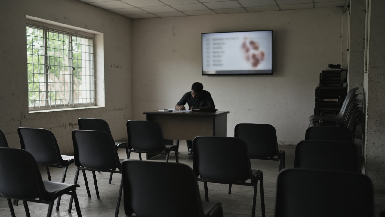 Small coaching classroom with plastic chairs and a wall-mounted television showing a blurred lesson slide, teacher silhouette at desk, afternoon light through barred window, no logos or readable text