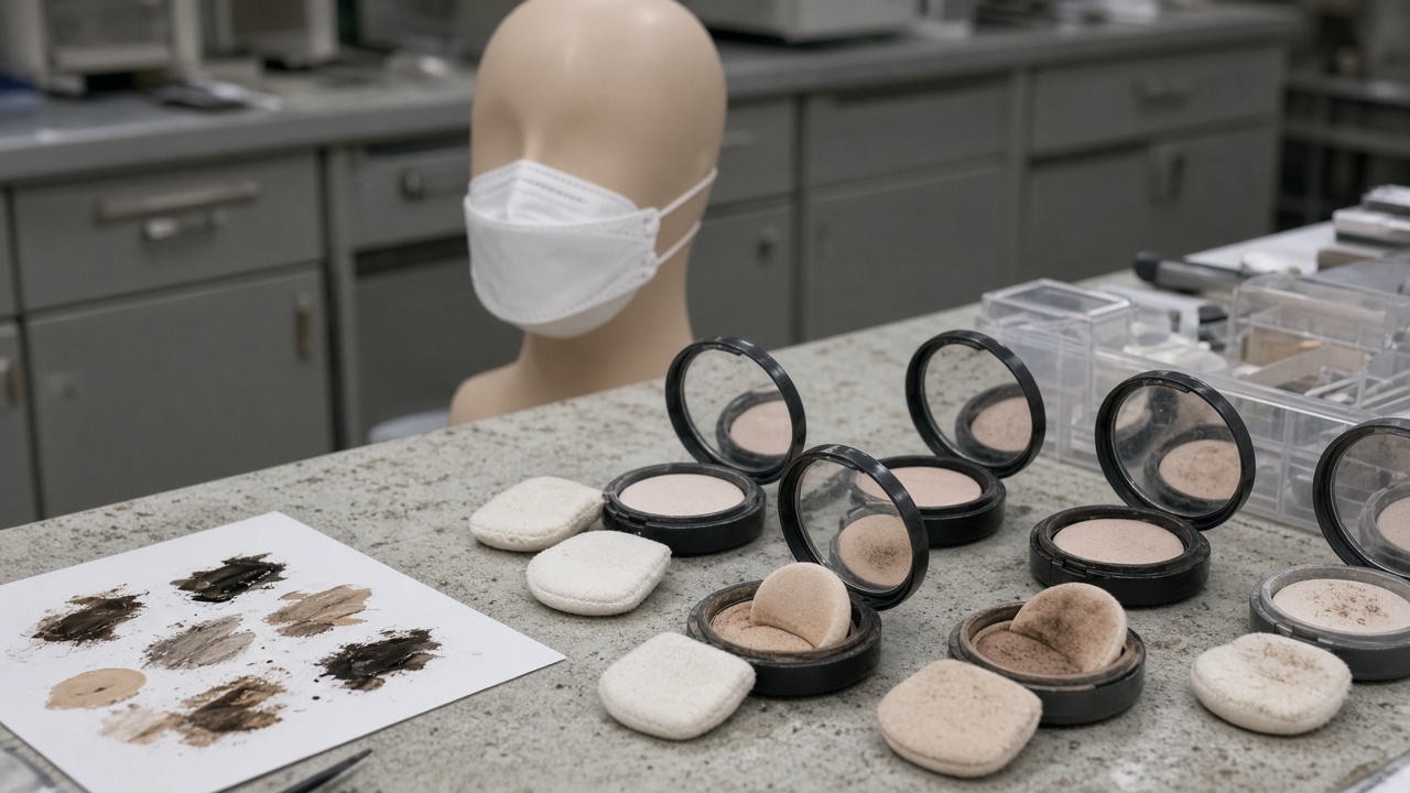 Cosmetics lab bench with open cushion compact puffs, KF94 masks on mannequin chins, smudge test swatches under cool fluorescent light, no logos or readable text