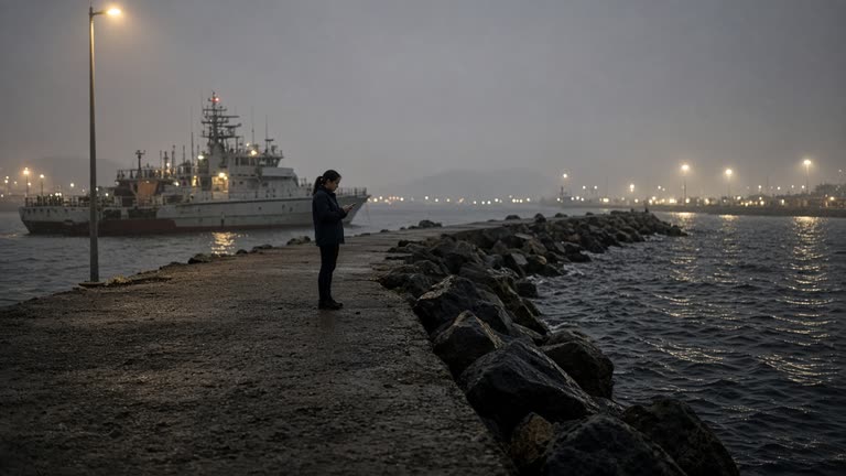 Kaohsiung harbor breakwater at dusk with a patrol vessel moored in background and a woman on the quay looking at a phone, sodium lamps, humid air, no logos or readable text