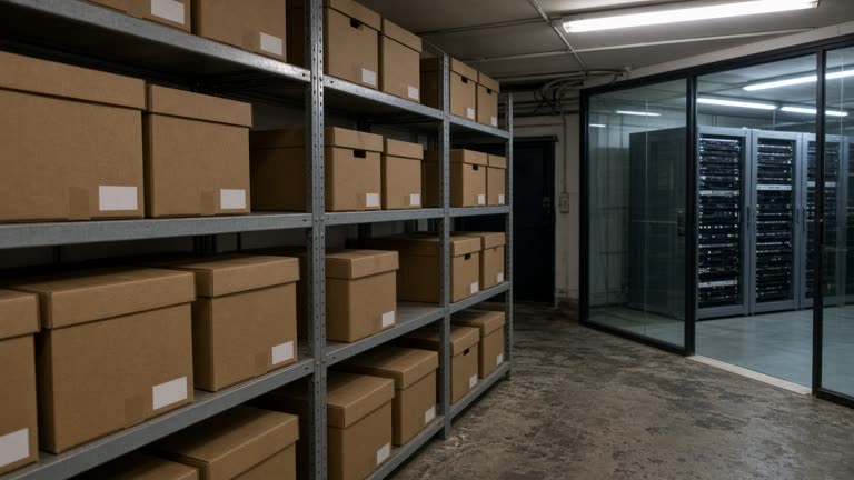 Rows of labelled cardboard document archive boxes on metal shelving in a City of London basement with a glass-walled server rack aisle and cool fluorescent light, no logos or readable text