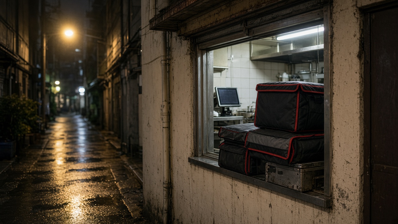 Small restaurant service window on a narrow Seoul alley with stacked delivery thermal bags and a blurred tablet screen facing inward, sodium streetlight and wet pavement, no logos or readable text.