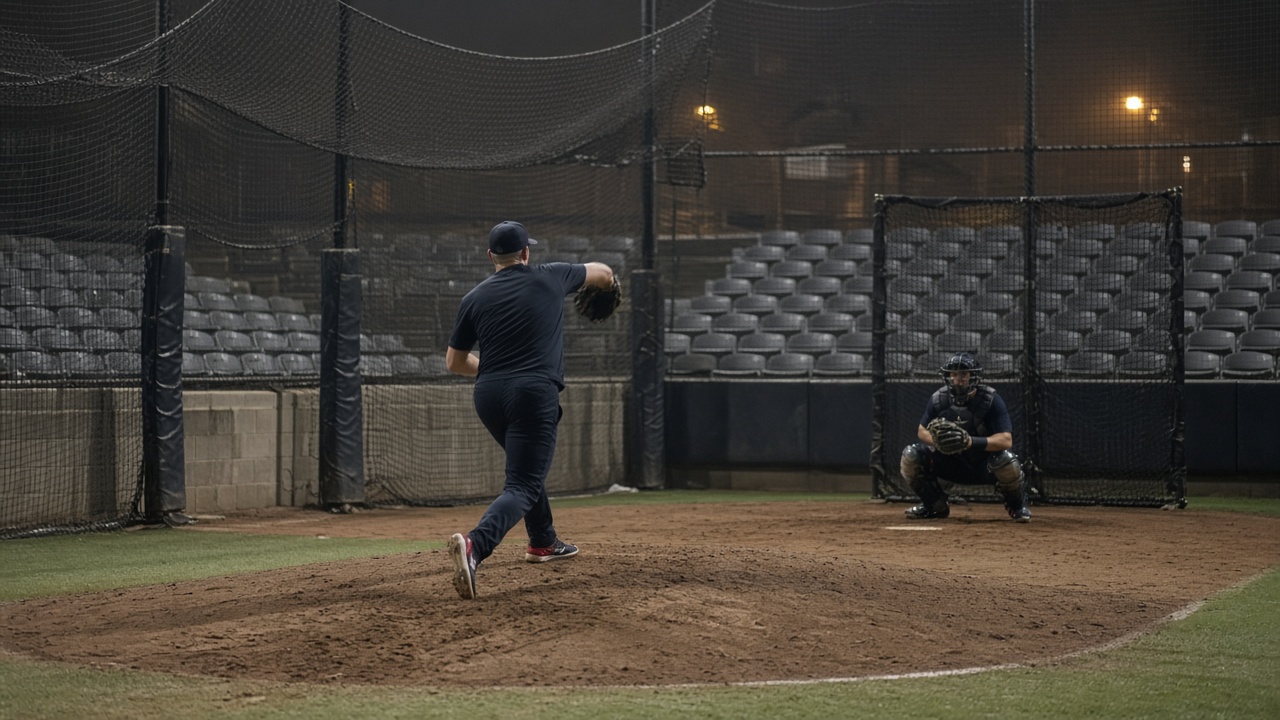 Professional baseball relievers warming up in a bullpen mound area under evening stadium floodlights, scuffed dirt and catching nets, distant empty seats, no logos or readable text