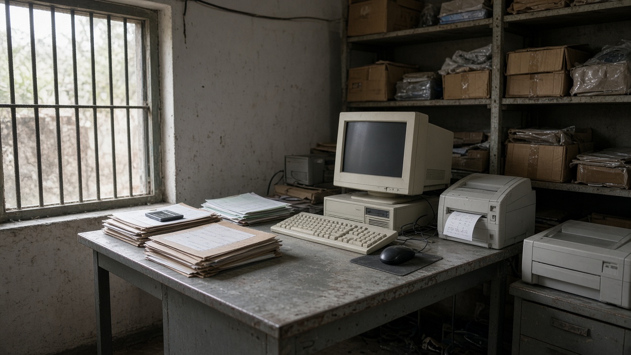 A cramped kirana back office with a desktop PC, paper GST folders and a thermal printer on a metal desk, afternoon light through a barred window, dusty shelves of cartons behind, no logos or readable text