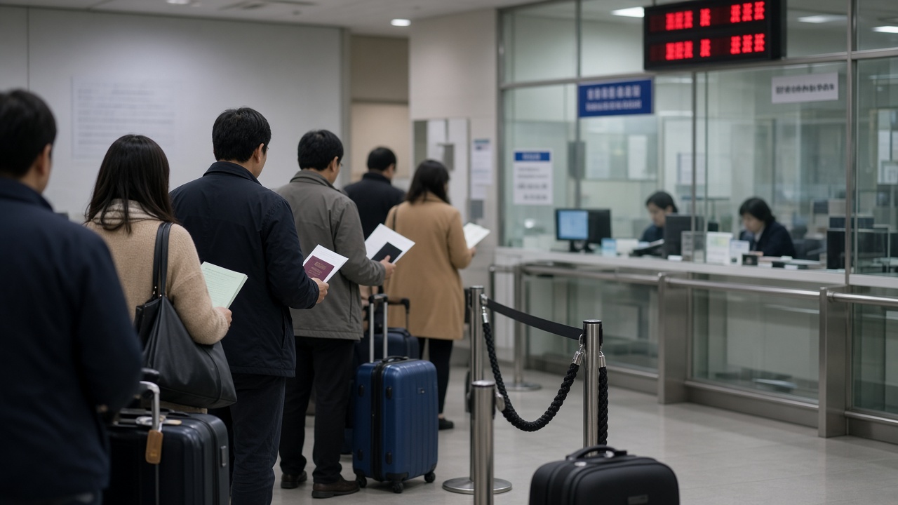 Couples waiting at an immigration service counter with passports and document folders