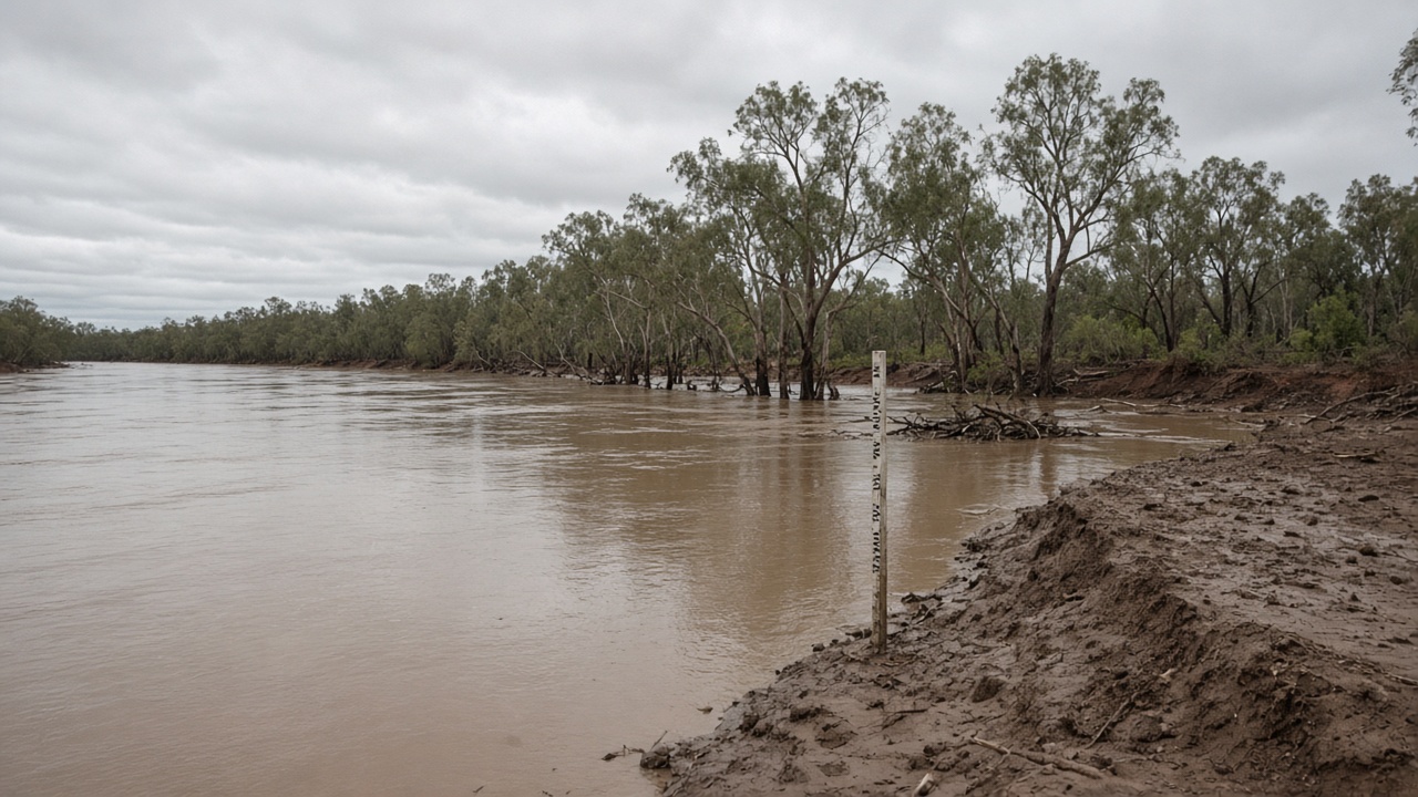 Flood gauge on a muddy Queensland riverbank with overcast sky and gum trees, water stained brown, no readable gauges or signs