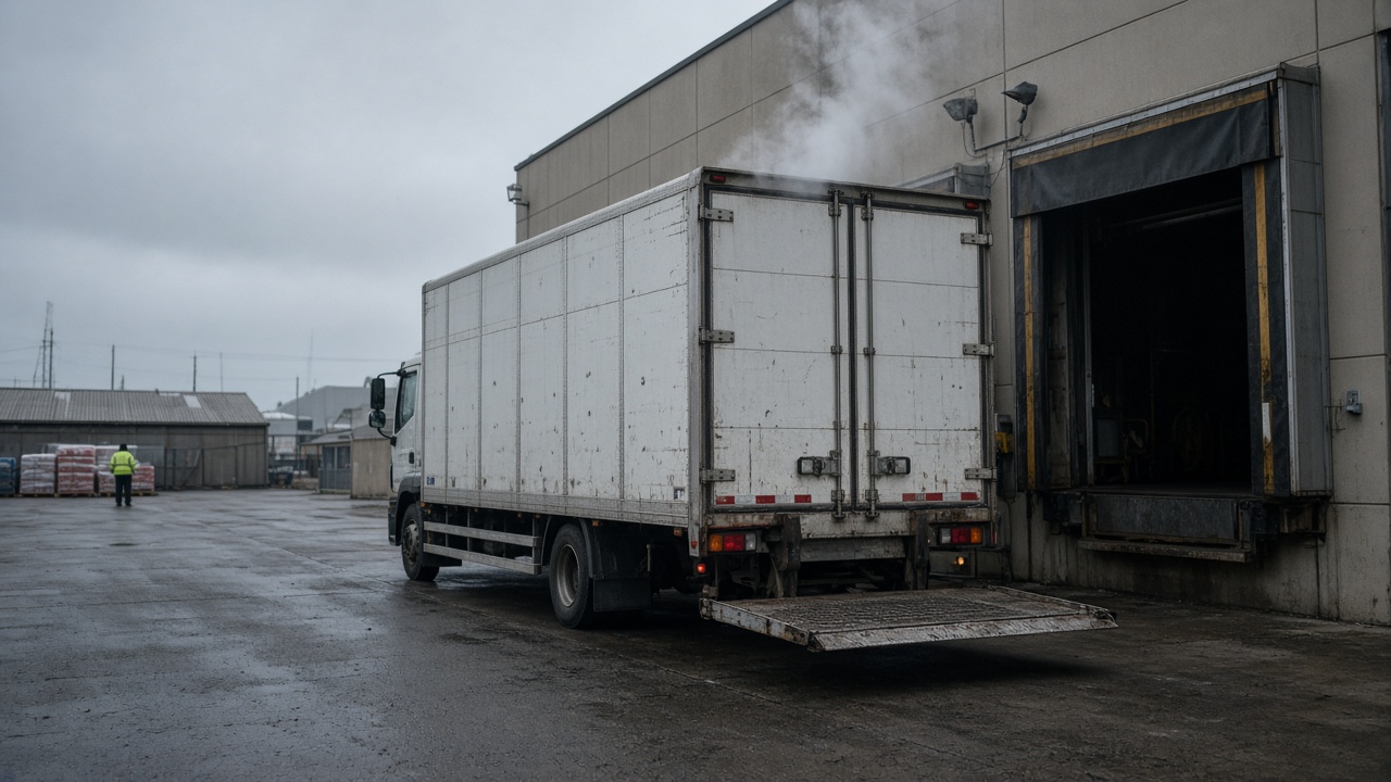 Insulated pharmaceutical delivery truck backed into a loading dock beside a warehouse with condenser mist, overcast Melbourne industrial sky, worker in high-vis at distance, no logos or readable text