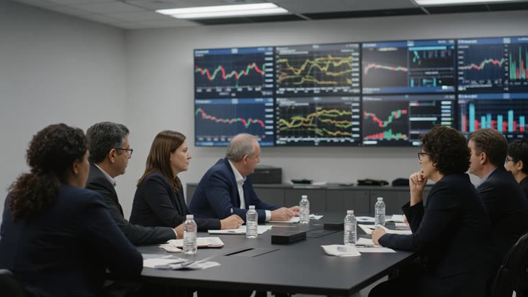 Financial regulators at a long conference table with wall-mounted market surveillance monitors showing blurred charts, fluorescent office lighting, no logos or readable text on screens