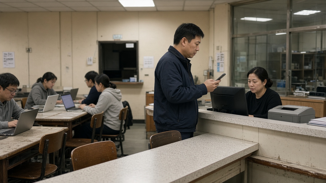 Adult students in a Taiwan evening classroom with laptops open while one pays tuition on a smartphone at a registration counter, warm fluorescent light, no logos or readable text
