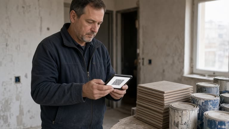 Homeowner scanning a contractor invoice QR code on a smartphone beside stacked tiles and paint cans in an apartment under renovation with afternoon window light, screen content blurred, no logos or readable text
