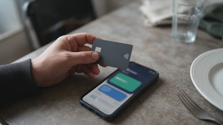 Hand holding a contactless payment card above a smartphone on a kitchen table, soft window light, blurred app colours on screen, no logos or readable text