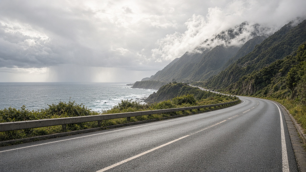 East-facing Hualien coastal highway with low clouds over the Pacific and distant rain shafts offshore under bright late-morning light, wet asphalt and guardrails in the foreground, no logos or readable text