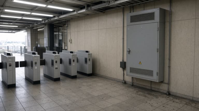 Keihan-style station ticket gates and a wall-mounted industrial network cabinet in a covered concourse, afternoon fluorescent and daylight mix, worn floor tiles, no logos or readable text