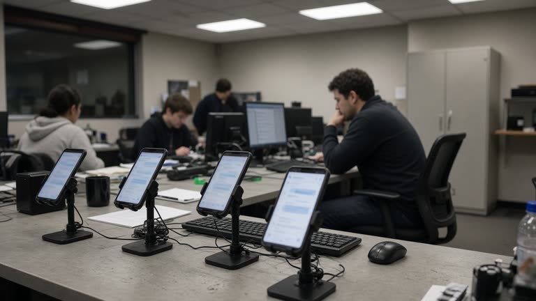 Mobile game QA lab with smartphones on stands showing blurred chat UI, developers at a shared desk under fluorescent light, no logos or readable text.