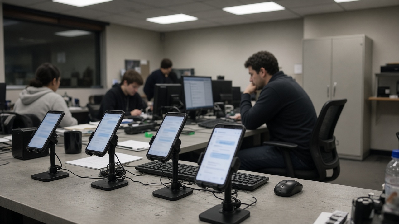 Mobile game QA lab with smartphones on stands showing blurred chat UI, developers at a shared desk under fluorescent light, no logos or readable text.