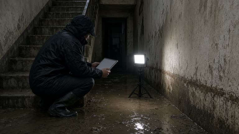 Insurance adjuster kneeling in a flooded Korean basement stairwell photographing water lines with a tablet, portable LED work light, mud-stained walls, no logos or readable text