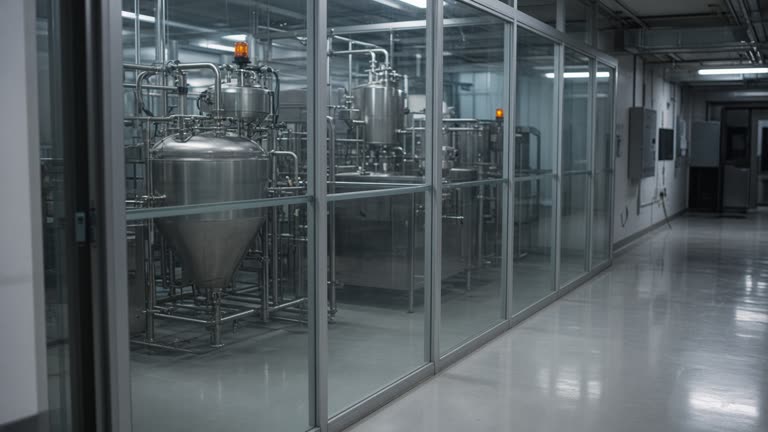 Pharmaceutical manufacturing corridor with stainless equipment behind glass panels and amber warning lights off, cool fluorescent light on polished floors, no logos or readable text