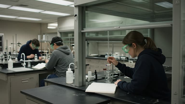 University chemistry lab with students at benches under fume hoods, open paper notebooks beside burettes, green safety goggles, fluorescent ceiling panels, no logos or readable text.