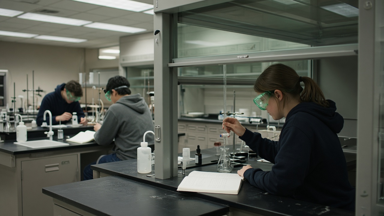 University chemistry lab with students at benches under fume hoods, open paper notebooks beside burettes, green safety goggles, fluorescent ceiling panels, no logos or readable text.