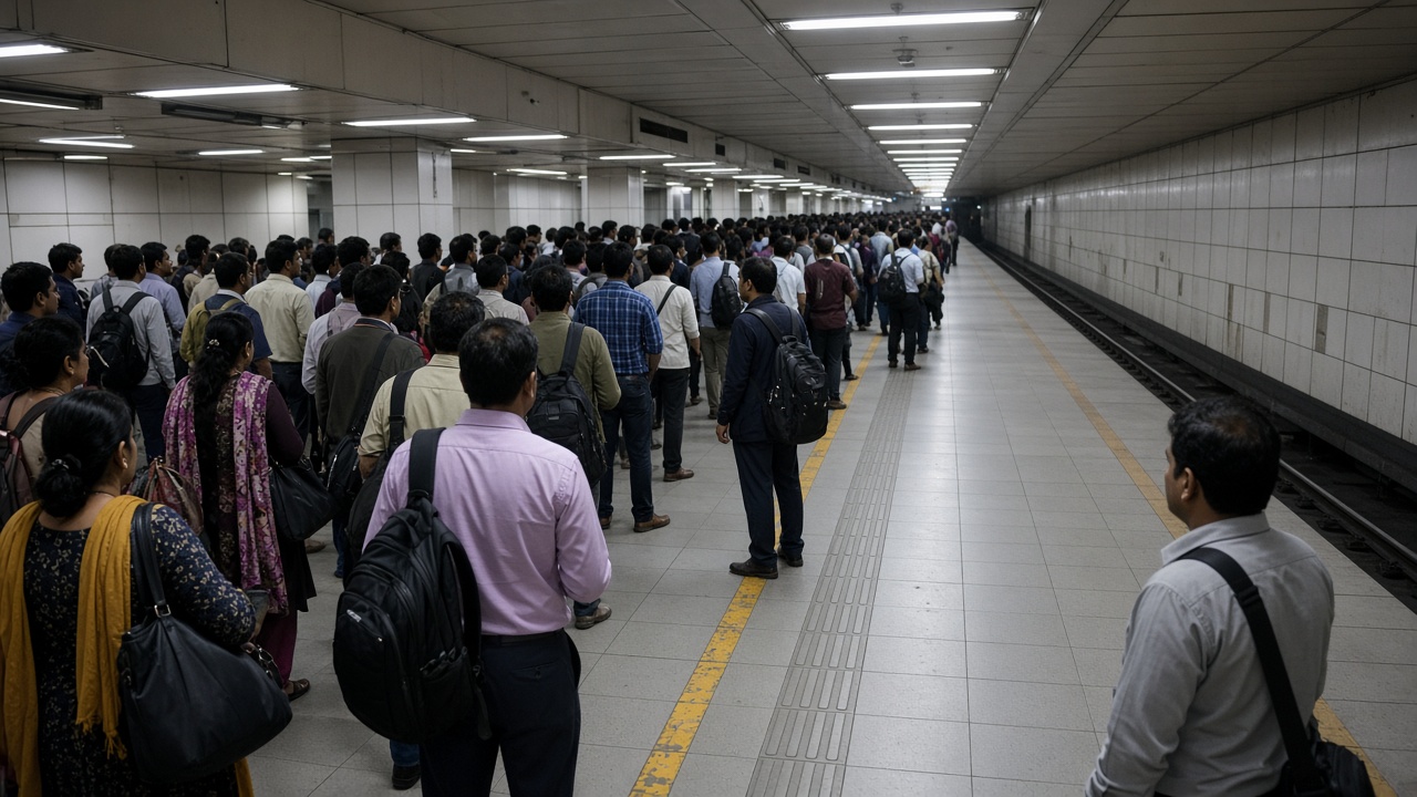 Crowded Delhi Metro platform with commuters waiting behind yellow safety line, fluorescent station lighting and tiled walls, evening rush, no logos or readable text