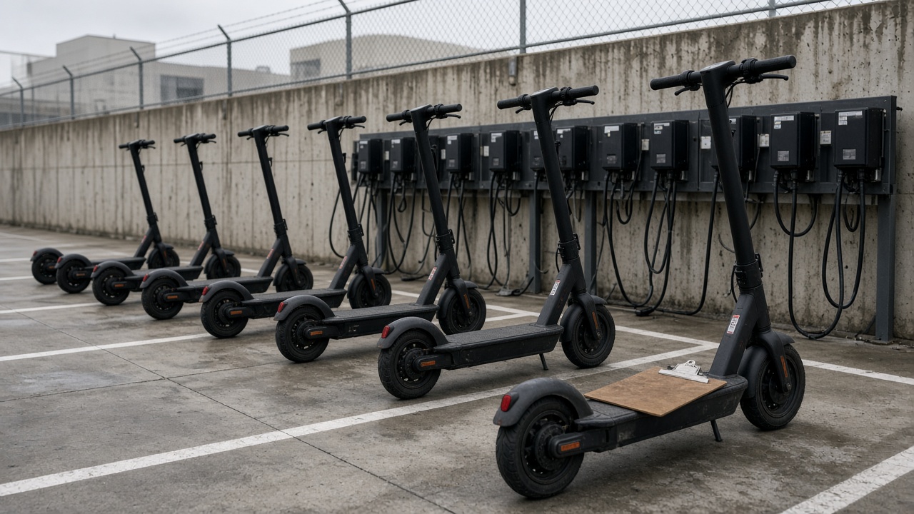 Row of electric scooters charging at a fleet depot with a clipboard on a scooter seat and overcast daylight, concrete yard and painted lane markings, no logos or readable text.
