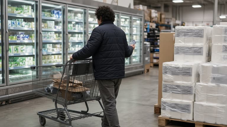 Shopper pushing a large warehouse cart past a pharmacy cold case and bulk paper goods under bright store lighting, payment card visible in hand without readable numbers, no logos or readable text