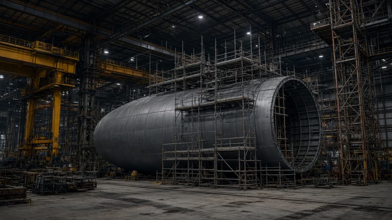 A large covered shipyard hall with a submarine hull section under construction cranes, industrial lighting and scaffolding, no logos or readable text