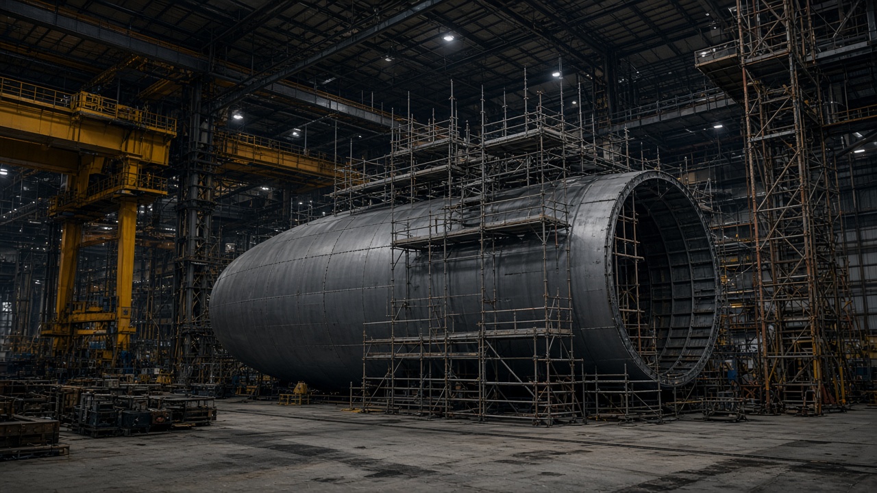 A large covered shipyard hall with a submarine hull section under construction cranes, industrial lighting and scaffolding, no logos or readable text