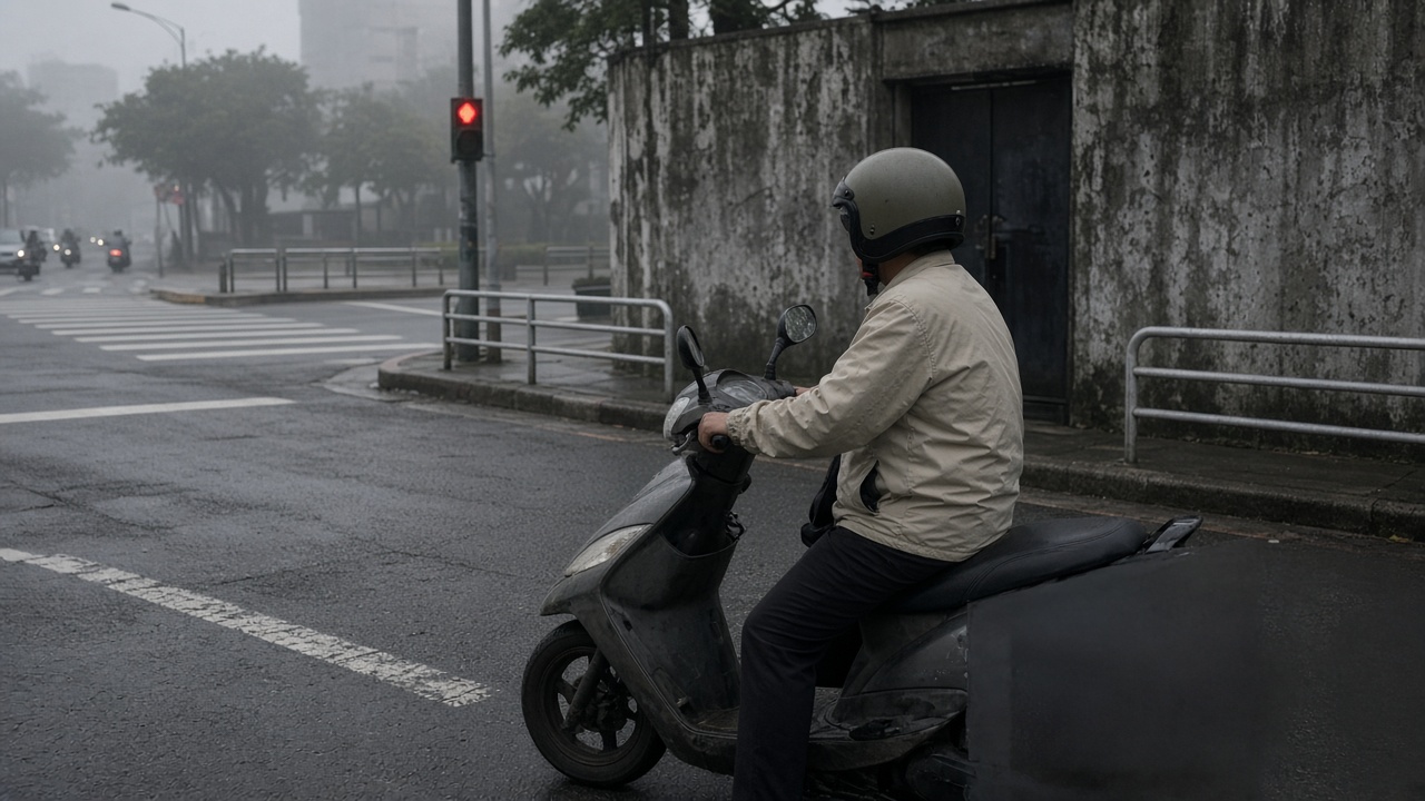 Taipei morning street with a scooter rider in open-face helmet and light jacket at a red light, humid haze, worn asphalt, no logos or readable text on products or signs