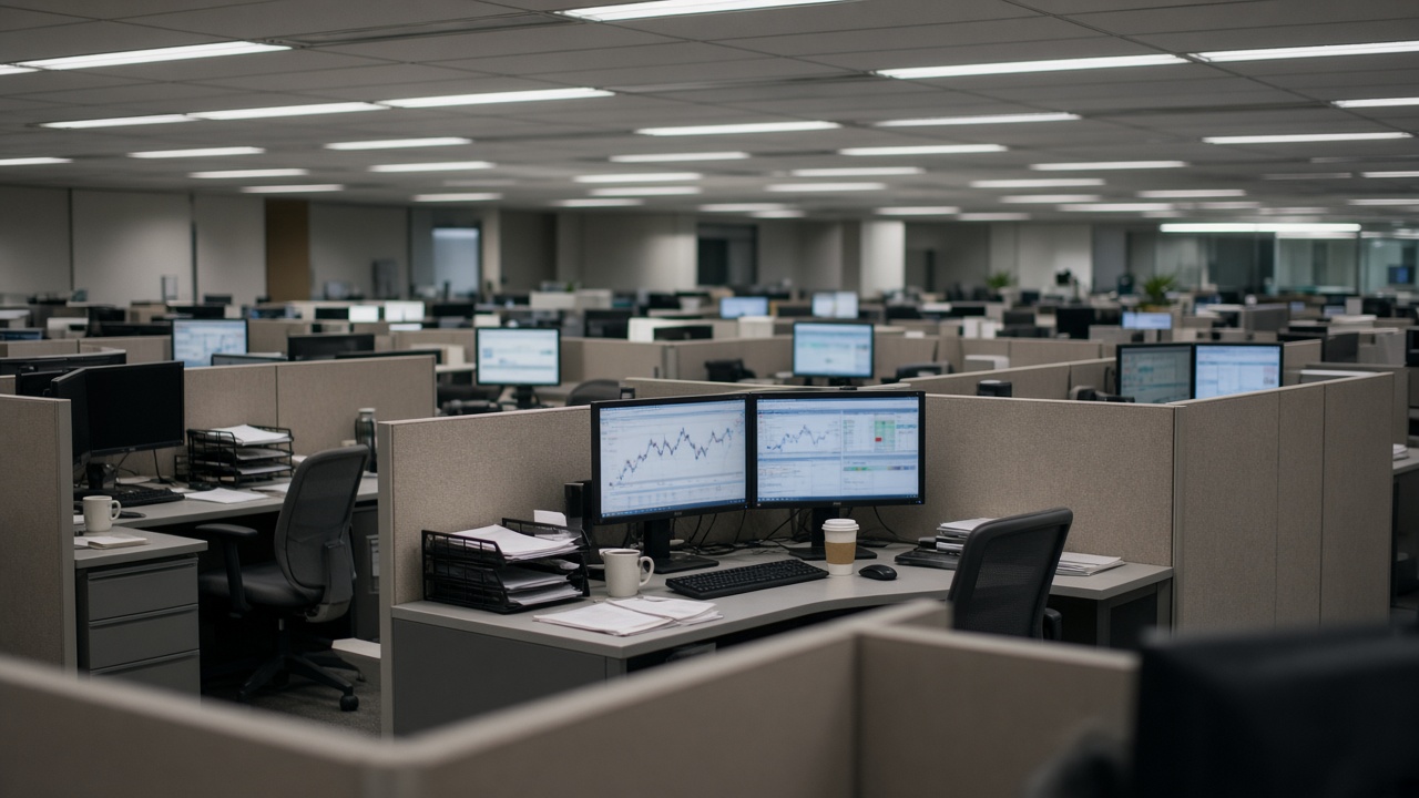 Bank operations floor with cubicle dividers and dual monitors showing blurred charts, cool fluorescent light, coffee cups and paper trays, no logos or readable text