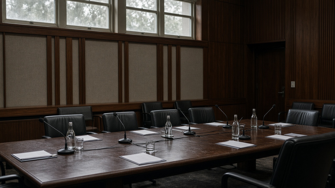 Empty Australian parliamentary committee hearing room with microphones on a long table, wood panelling and muted daylight through high windows, no logos or readable text