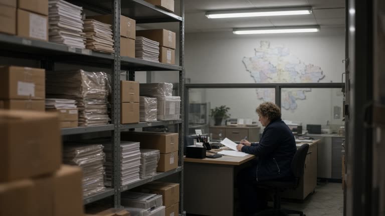 District election office with stacks of ballot materials on metal shelves, clerk at desk under tube lights, wall map outline blurred, no readable text or party symbols