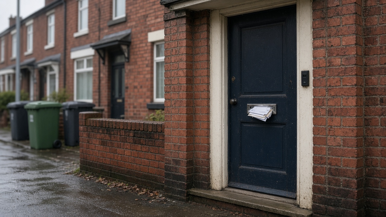 Red brick terrace front door with mail in a chrome letterbox slot, rainy pavement, council estate bins in background, no readable addresses or logos