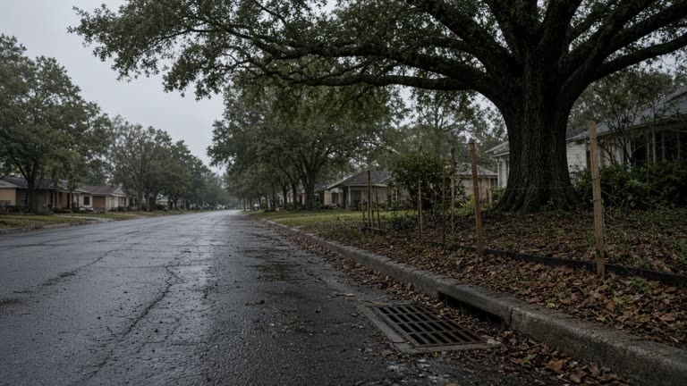 Suburban street with storm drain and yard stakes after rain, overcast sky, wet asphalt and oak trees, no readable addresses or logos
