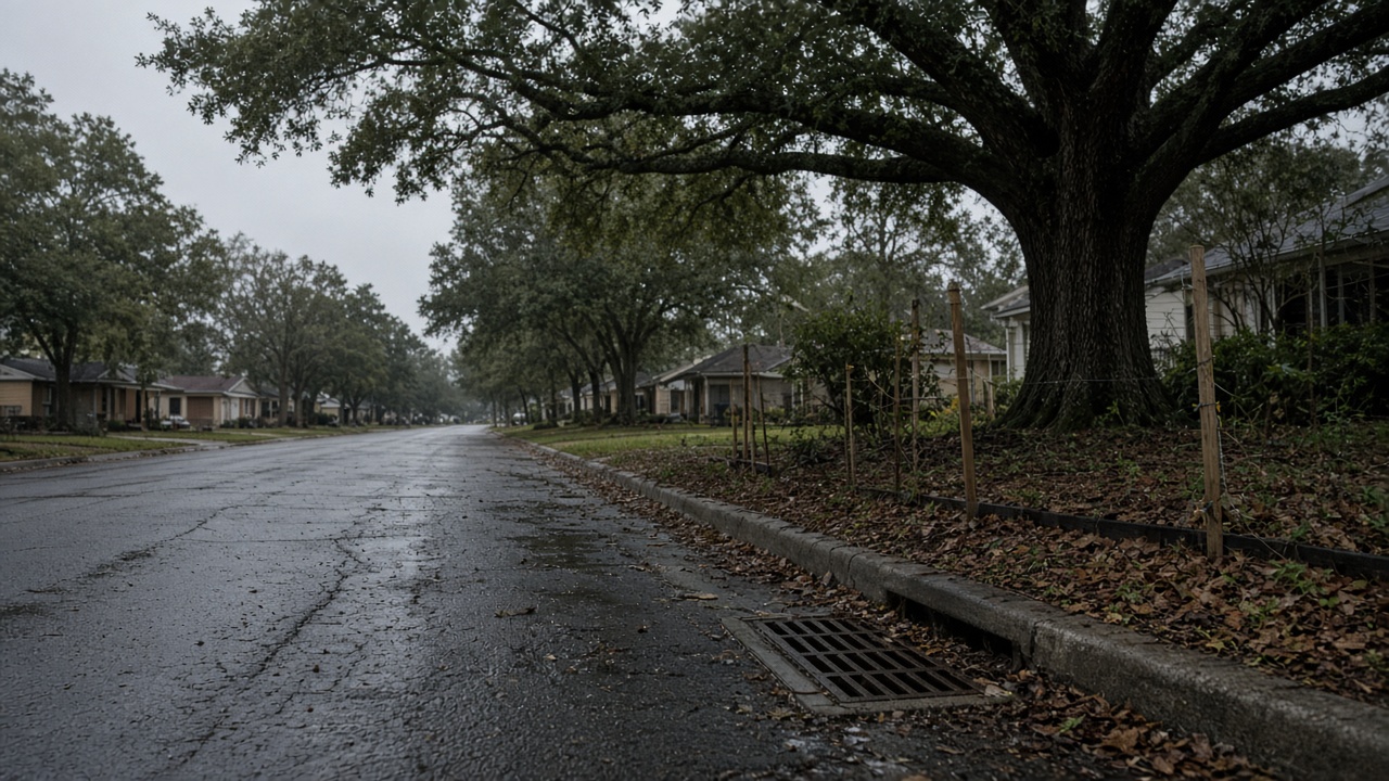 Suburban street with storm drain and yard stakes after rain, overcast sky, wet asphalt and oak trees, no readable addresses or logos