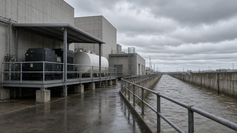A municipal flood pump station with diesel generators and fuel tanks beside a concrete channel under grey storm clouds, wet pavement and safety railings, no logos or readable text