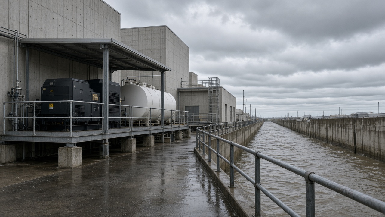 A municipal flood pump station with diesel generators and fuel tanks beside a concrete channel under grey storm clouds, wet pavement and safety railings, no logos or readable text