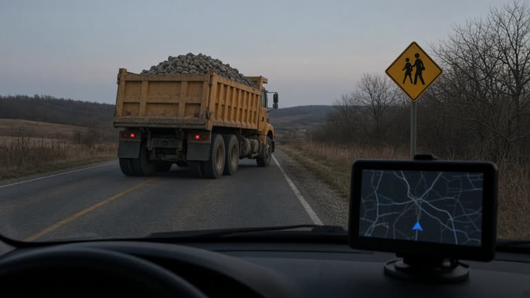 Loaded quarry dump truck on a rural road near a yellow school crossing sign at dusk, dashboard GPS tablet glow, no logos or readable text.