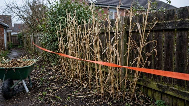 Orange survey tape along a suburban garden fence beside tall invasive stems, overcast afternoon, damp soil and wheelbarrow, no readable text or logos