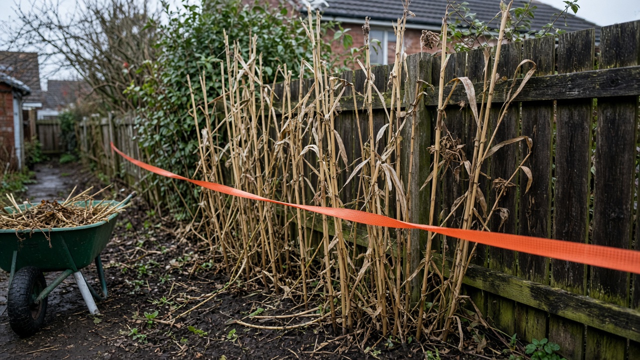 Orange survey tape along a suburban garden fence beside tall invasive stems, overcast afternoon, damp soil and wheelbarrow, no readable text or logos