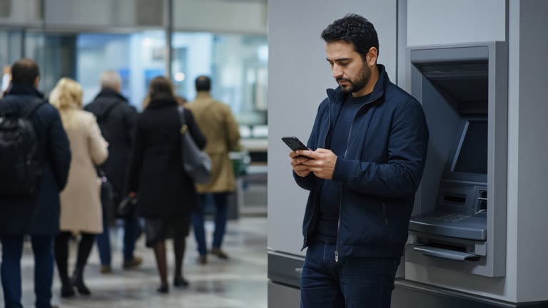 Customer in a bank ATM lobby checking a smartphone, cool interior lighting, blurred queue, no logos or readable text.