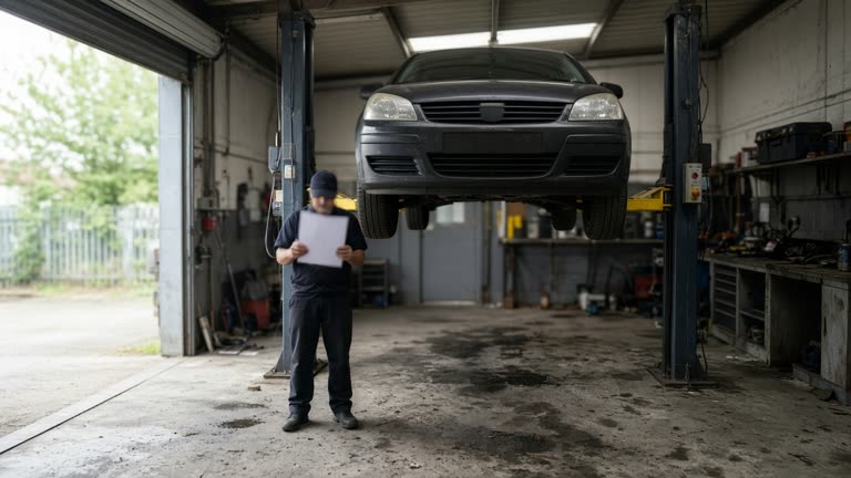 UK garage MOT bay with a car on a lift, mechanic holding a blurred paper certificate, concrete floor with oil stains, daylight from open roller door, no logos or readable text
