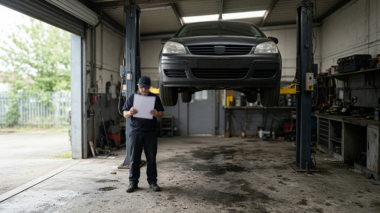 UK garage MOT bay with a car on a lift, mechanic holding a blurred paper certificate, concrete floor with oil stains, daylight from open roller door, no logos or readable text