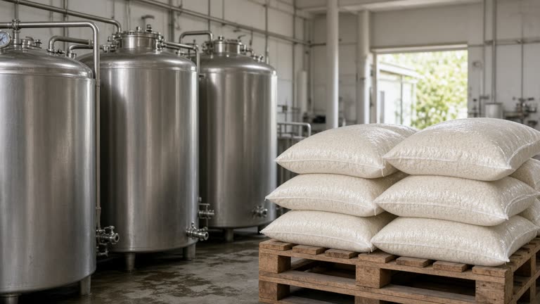 Small sake brewery with stainless fermentation tanks and bags of polished rice on a wooden pallet, soft daylight, no logos or readable text.