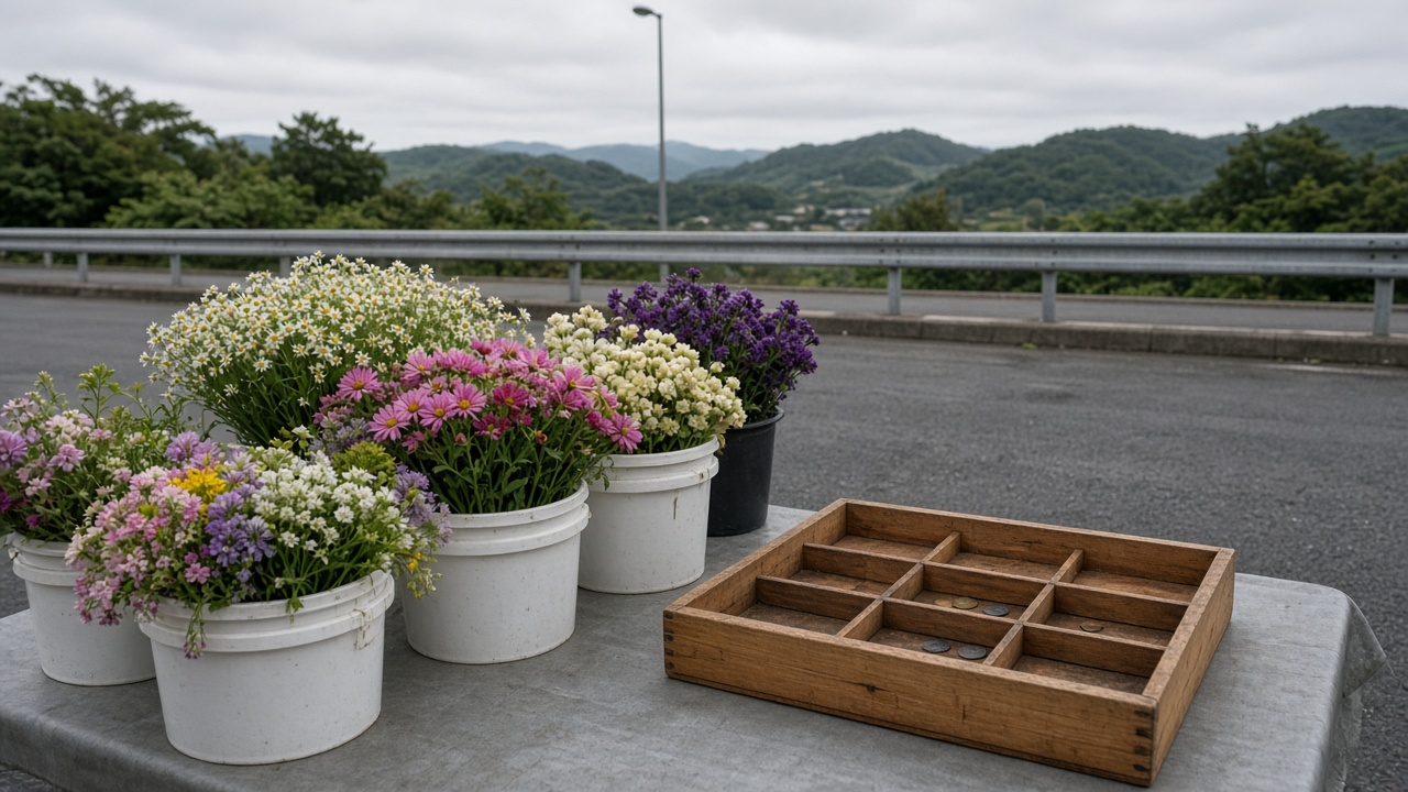 Shikoku expressway service area flower buckets and a wooden cash tray on a folding table under overcast sky, asphalt and guardrail in background, no logos or readable text